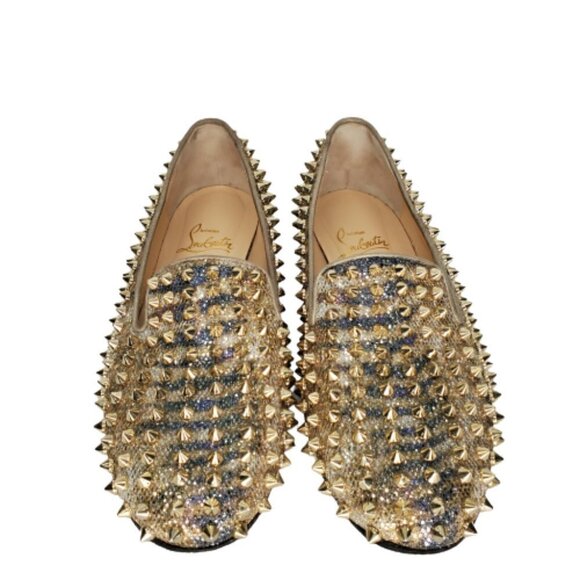 Christian Louboutin Glitter Spiked Slip On Flats Loafers - Picture 2 of 6